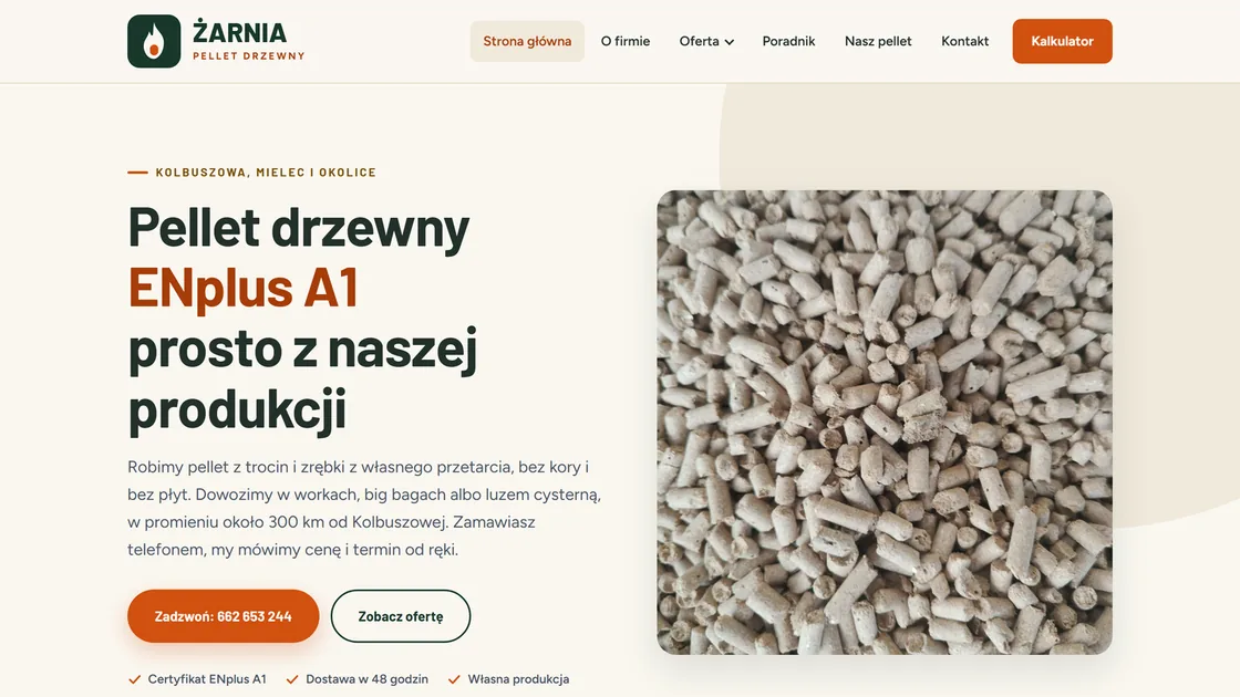 Strona Żarnia Pellet Drzewny — sekcja główna z kalkulatorem
